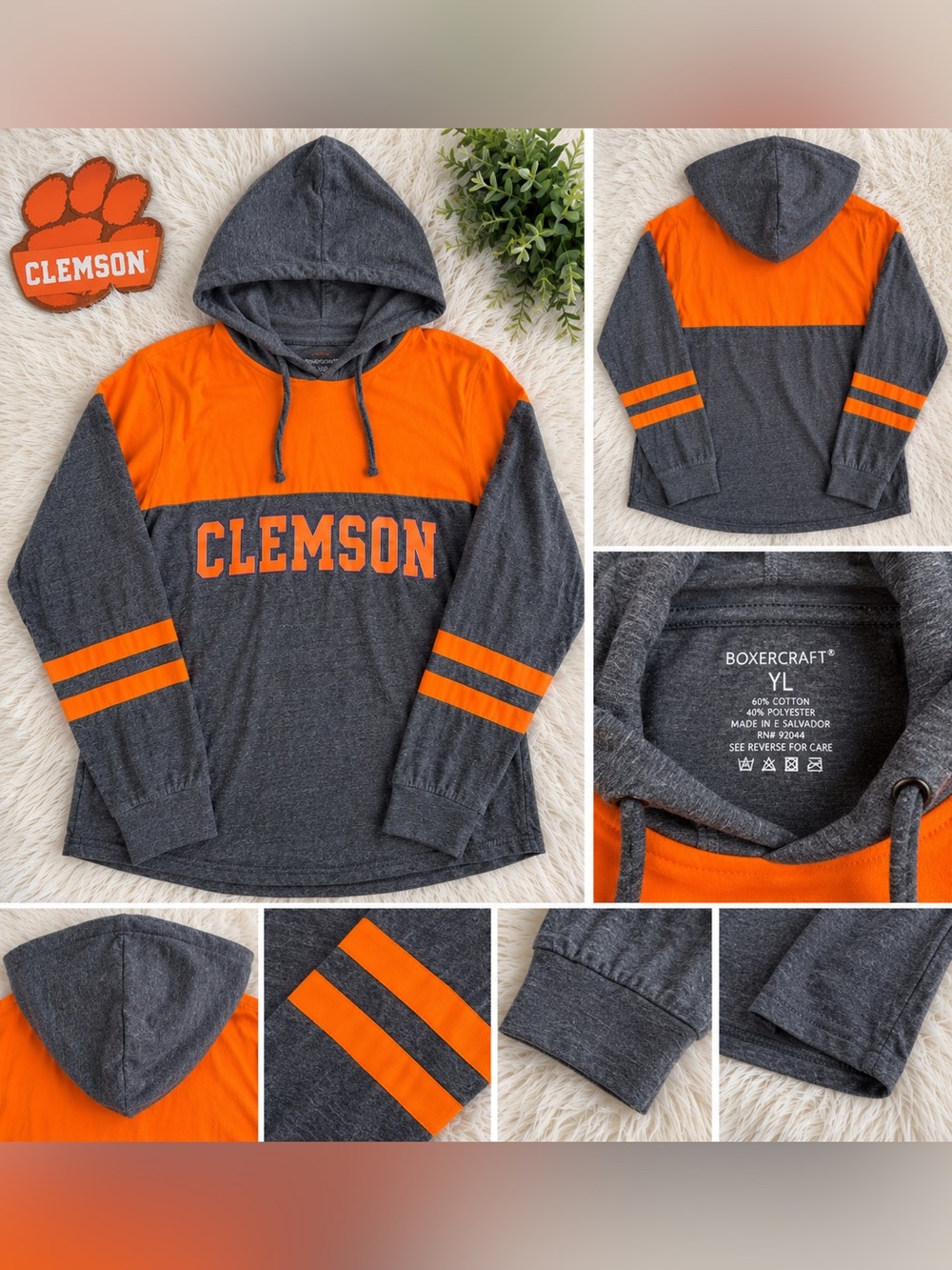 Clemson Tigers Boxercraft Hooded Long Sleeve Shirt Gray Orange YL